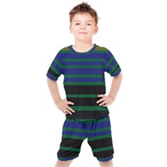 Black Stripes Green Olive Blue Kids  Tee And Shorts Set