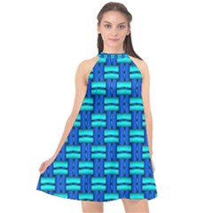 Pattern Graphic Background Image Blue Halter Neckline Chiffon Dress 