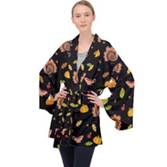 Thanksgiving Turkey Pattern Long Sleeve Velvet Kimono  by Valentinaart