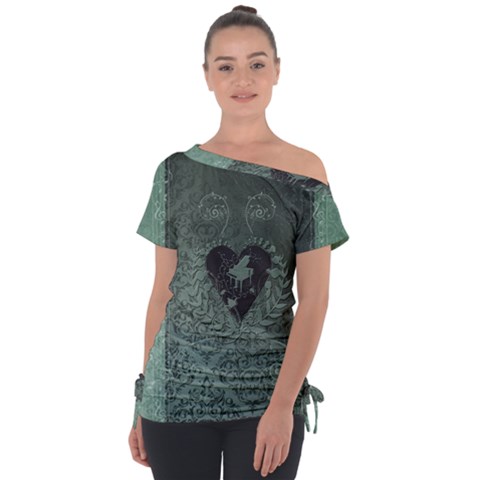 Elegant Heart With Piano And Clef On Damask Background Tie-up Tee by FantasyWorld7