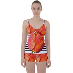 Tulip Watercolor Red And Black Stripes Tie Front Two Piece Tankini by picsaspassion