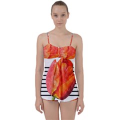 Tulip Watercolor Red And Black Stripes Babydoll Tankini Set by picsaspassion