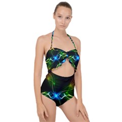 Colorful Neon Art Light Rays, Rainbow Colors Scallop Top Cut Out Swimsuit by picsaspassion