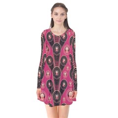 Background Abstract Pattern Long Sleeve V-neck Flare Dress