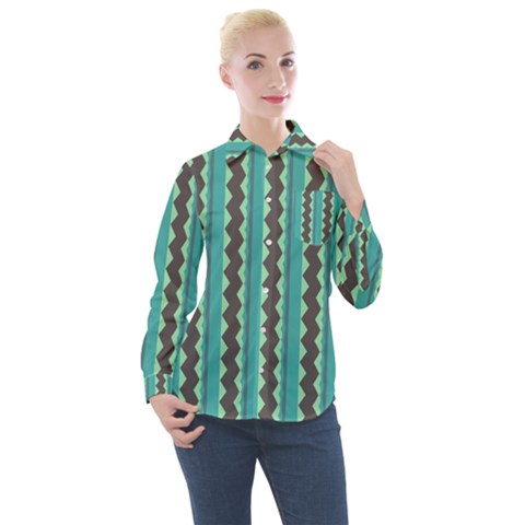 Background Chevron Blue Women s Long Sleeve Pocket Shirt by HermanTelo