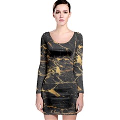 Black Marble Texture With Gold Veins Floor Background Print Luxuous Real Marble Long Sleeve Bodycon Dress by genx