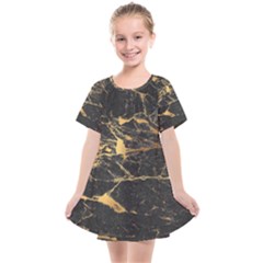 Black Marble Texture With Gold Veins Floor Background Print Luxuous Real Marble Kids  Smock Dress by genx