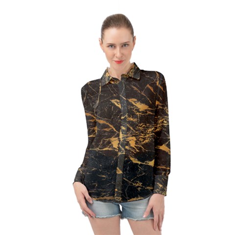 Black Marble Texture With Gold Veins Floor Background Print Luxuous Real Marble Long Sleeve Chiffon Shirt by genx