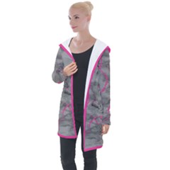 Marble Light Gray With Bright Magenta Pink Veins Texture Floor Background Retro Neon 80s Style Neon Colors Print Luxuous Real Marble Longline Hooded Cardigan by genx