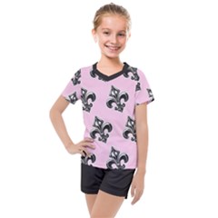 French France Fleur De Lys Metal Pattern Black And White Antique Vintage Pink And Black Rocker Kids  Mesh Tee And Shorts Set