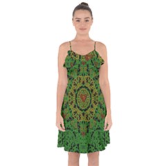 Love The Hearts  Mandala On Green Ruffle Detail Chiffon Dress by pepitasart