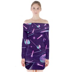 Retrowave Aesthetic Vaporwave Retro Memphis Pattern 80s Design Geometrical Shapes Futurist Pink Blue 3d Long Sleeve Off Shoulder Dress by genx