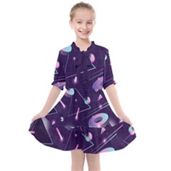 Retrowave Aesthetic Vaporwave Retro Memphis Pattern 80s Design Geometrical Shapes Futurist Pink Blue 3d Kids  All Frills Chiffon Dress by genx