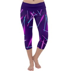 Retrowave Aesthetic Vaporwave Retro Memphis Pattern 80s Design Geometric Shapes Futurist Purple Pink Blue Neon Light Capri Yoga Leggings by genx