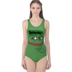 Pepe The Frog Smug Face With Smile And Hand On Chin Meme Kekistan All Over Print Green One Piece Swimsuit by snek