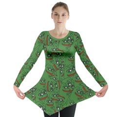 Pepe The Frog Perfect A-ok Handsign Pattern Praise Kek Kekistan Smug Smile Meme Green Background Long Sleeve Tunic  by snek