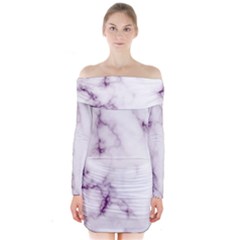 White Marble Violet Purple Veins Accents Texture Printed Floor Background Luxury Long Sleeve Off Shoulder Dress by genx