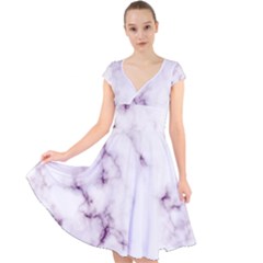 White Marble Violet Purple Veins Accents Texture Printed Floor Background Luxury Cap Sleeve Front Wrap Midi Dress by genx