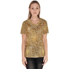 Retro Gold Glitters Golden Disco Ball Optical Illusion Women s V-neck Scrub Top by genx