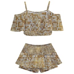 Retro Gold Glitters Golden Disco Ball Optical Illusion Kids  Off Shoulder Skirt Bikini by genx