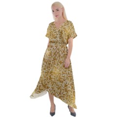 Retro Gold Glitters Golden Disco Ball Optical Illusion Cross Front Sharkbite Hem Maxi Dress by genx