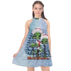 Merry Christmas, Funny Mushroom With Christmas Hat Halter Neckline Chiffon Dress  by FantasyWorld7