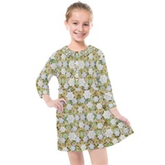 Snowflakes Slightly Snowing Down On The Flowers On Earth Kids  Quarter Sleeve Shirt Dress by pepitasart