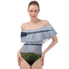 Lake Wallenpaupack Off Shoulder Velour Bodysuit  by canvasngiftshop