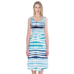 Blue Waves Pattern Midi Sleeveless Dress by designsbymallika