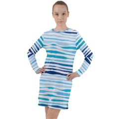 Blue Waves Pattern Long Sleeve Hoodie Dress