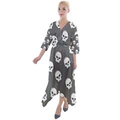 White Skull Pattern Quarter Sleeve Wrap Front Maxi Dress