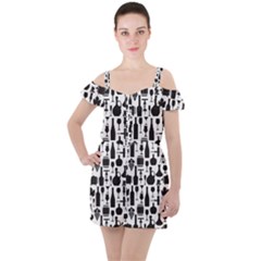 Wine Pattern Black White Ruffle Cut Out Chiffon Playsuit by Vaneshart