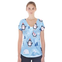 Christmas Seamless Pattern With Penguin Short Sleeve Front Detail Top by Vaneshart