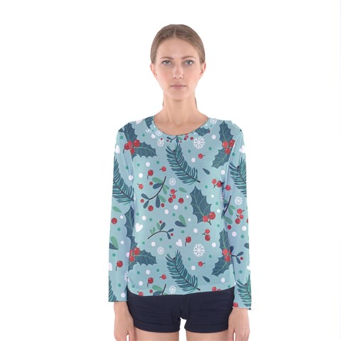 Seamless Pattern With Berries Leaves Women s Long Sleeve Tee by Vaneshart