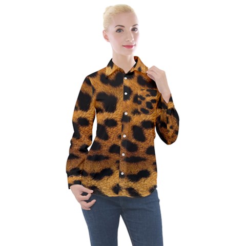 Leopard Skin Pattern Background Women s Long Sleeve Pocket Shirt by Vaneshart