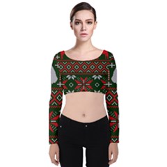 Christmas Pattern Knitted Design Velvet Long Sleeve Crop Top by Vaneshart