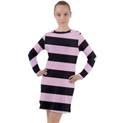 Black And Light Pastel Pink Large Stripes Goth Mime French Style Long Sleeve Hoodie Dress by genx