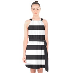 Black And White Large Stripes Goth Mime French Style Halter Collar Waist Tie Chiffon Dress by genx