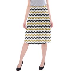 Black And Gold Glitters Zigzag Retro Pattern Golden Metallic Texture Midi Beach Skirt by genx