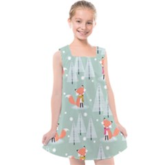 Cute Fox Christmas Winter Seamless Pattern Kids  Cross Back Dress by Vaneshart