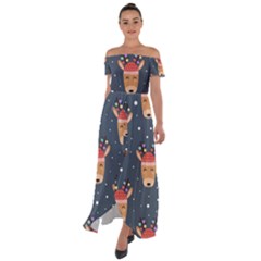 Cute Deer Heads Seamless Pattern Christmas Off Shoulder Open Front Chiffon Dress