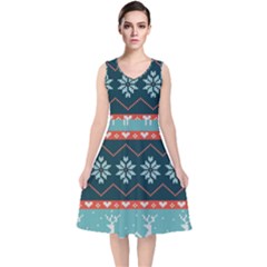 Beautiful Knitted Christmas Pattern V-neck Midi Sleeveless Dress  by Vaneshart