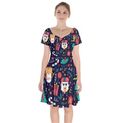 Colorful Funny Christmas Pattern Cute Cartoon Short Sleeve Bardot Dress