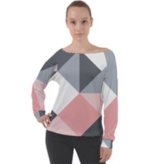 Pink, Gray, And White Geometric Off Shoulder Long Sleeve Velour Top