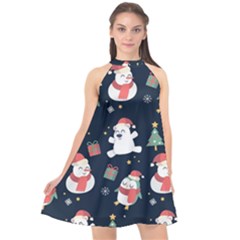 Colourful Funny Christmas Pattern Halter Neckline Chiffon Dress 