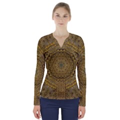 Golden Star And Starfall In The Sacred Starshine V-neck Long Sleeve Top by pepitasart