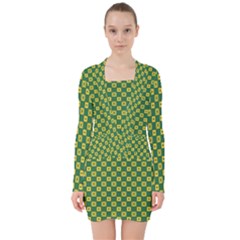 Df Green Domino V-neck Bodycon Long Sleeve Dress by deformigo