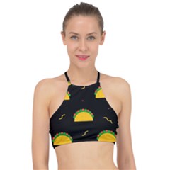 Festive Seamless Pattern With National Taco Food Racer Front Bikini Top by Wegoenart