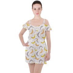 Seamless Stylish Pattern With Fresh Yellow Bananas Background Ruffle Cut Out Chiffon Playsuit by Wegoenart