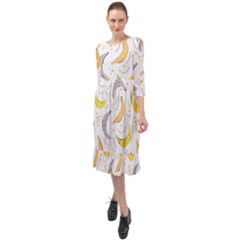 Seamless Stylish Pattern With Fresh Yellow Bananas Background Ruffle End Midi Chiffon Dress by Wegoenart